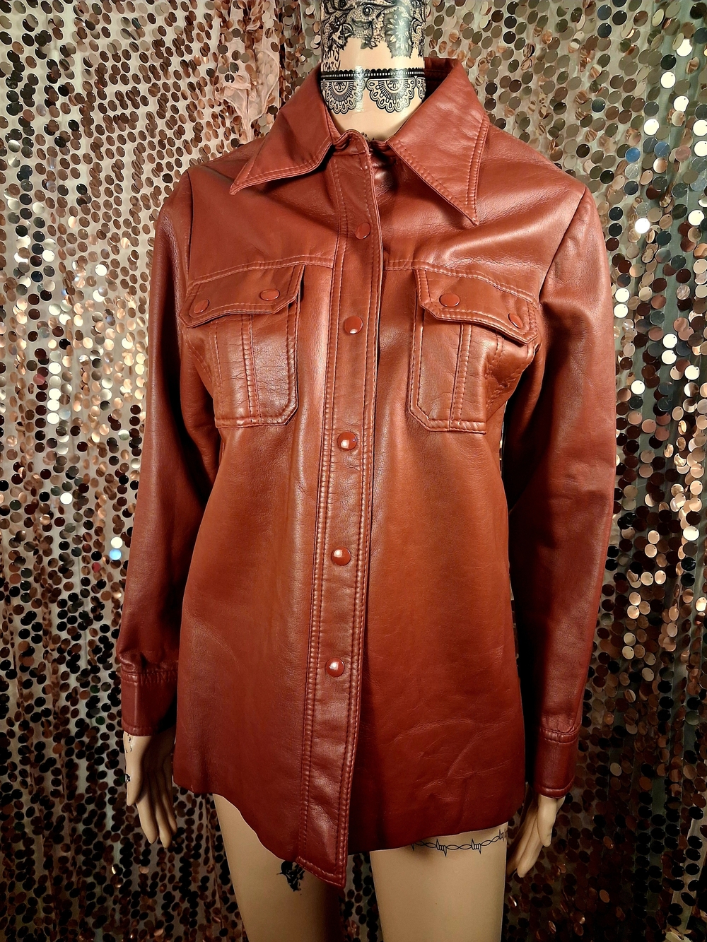 Retro 70's Women's Chestnut Brown Vegan Leather Button-Up Jacket